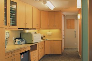 Dental laboratory or sterilization area with light wood cabinetry, countertops, sink, and equipment for instrument processing.