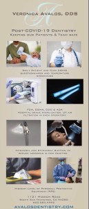 Promotional flyer for Veronica Avalos, DDS showcasing Post-COVID-19 dentistry safety protocols including PPE usage, enhanced sterilization, air filtration systems, UV-C disinfection, and contactless procedures at avalosdentistry.com.